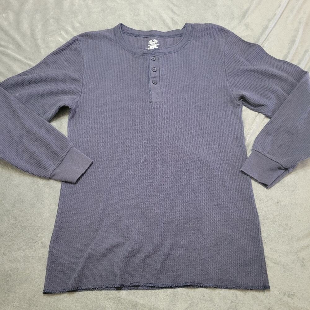 Fruit of Loom Long Sleeve Thermal Shirt Mensโ Large Blue Henley Comfort Stretch